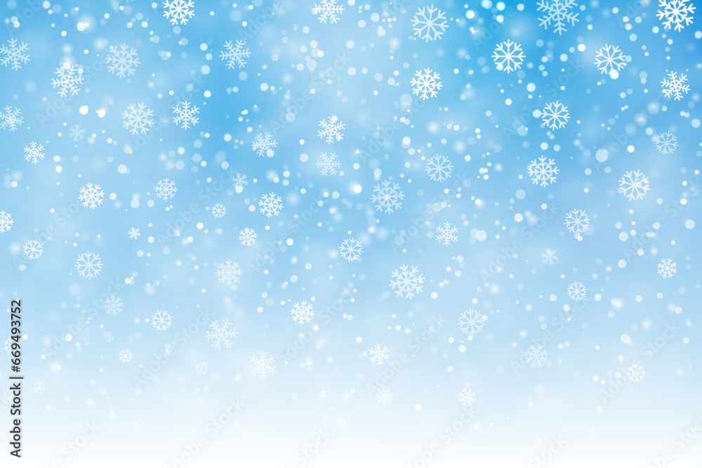 Abstract Christmas blue background with falling snow and snowflakes, magical winter sky with heavy snowfall, fantasy shining snowy backdrop, vector illustration.