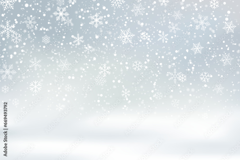 Abstract Christmas grey background with falling snow and snowflakes, magical winter sky with heavy snowfall, fantasy shining snowy backdrop, vector illustration.