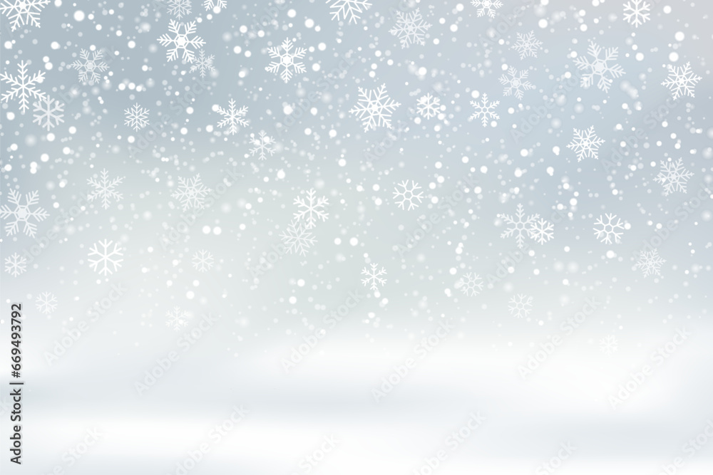 Abstract Christmas grey background with falling snow and snowflakes, magical winter sky with heavy snowfall, fantasy shining snowy backdrop, vector illustration. Abstract Christmas grey background with falling snow and snowflakes, magical winter sky with heavy snowfall, fantasy shining snowy backdrop, vector illustration.
