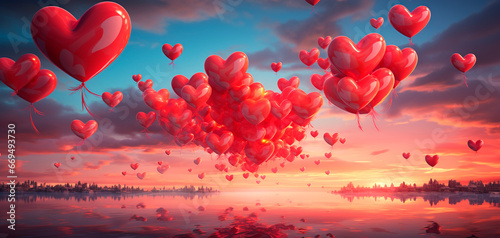 Valentines day background with red heart balloons. 3d rendering