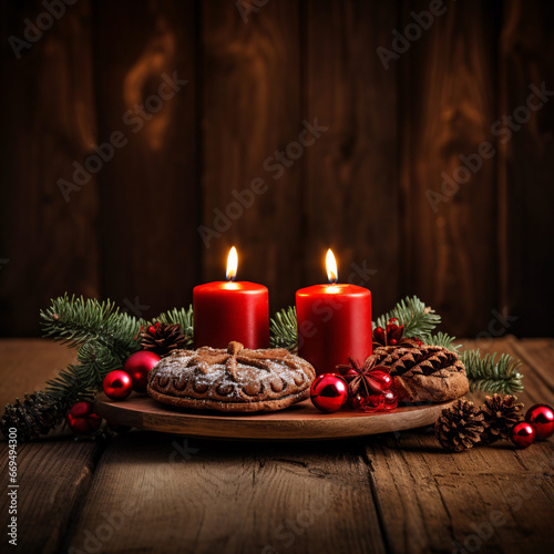 Quintessential Third Advent Setting Three Alight Candles Amid Red Baubles and Gingerbread on Time-Worn Wooden Panels