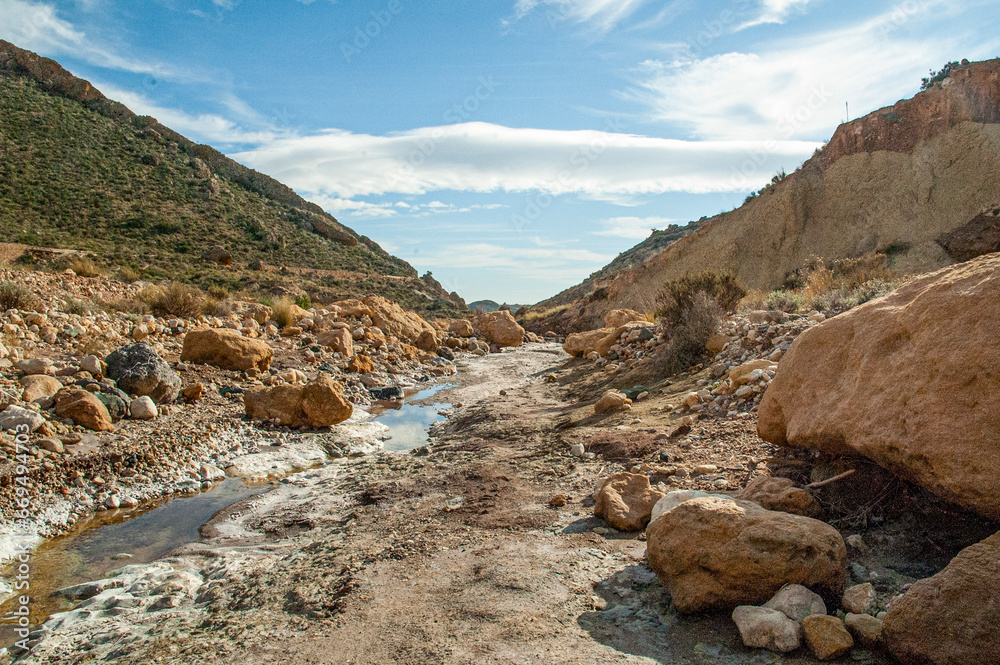 Obraz premium AERIAL VIEW OF THE COURSE OF THE SAL RIVER IN ALBATERA ALICANTE, SPAIN