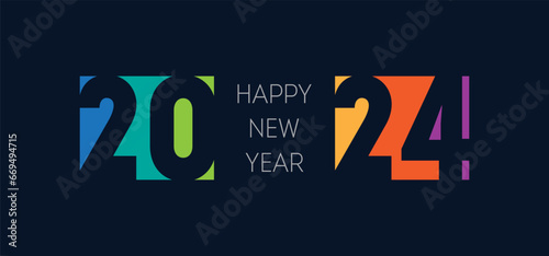Bright design on dark background. Happy new year 2024, horizontal banner. Brochure or calendar cover vector design template. Cover of business diary for 20 24 with wishes. photo