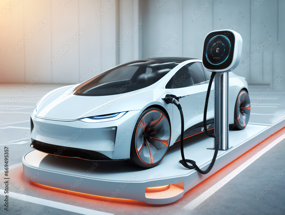 Futuristic electric car charging station, modern fast electric car charger for charging the car while parked

