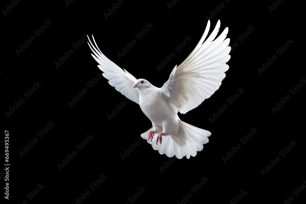Fototapeta premium White dove flying on black background free Clipping path .international day of peace 