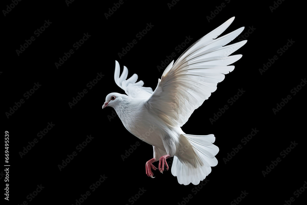 Obraz premium White dove flying on black background free Clipping path .international day of peace 