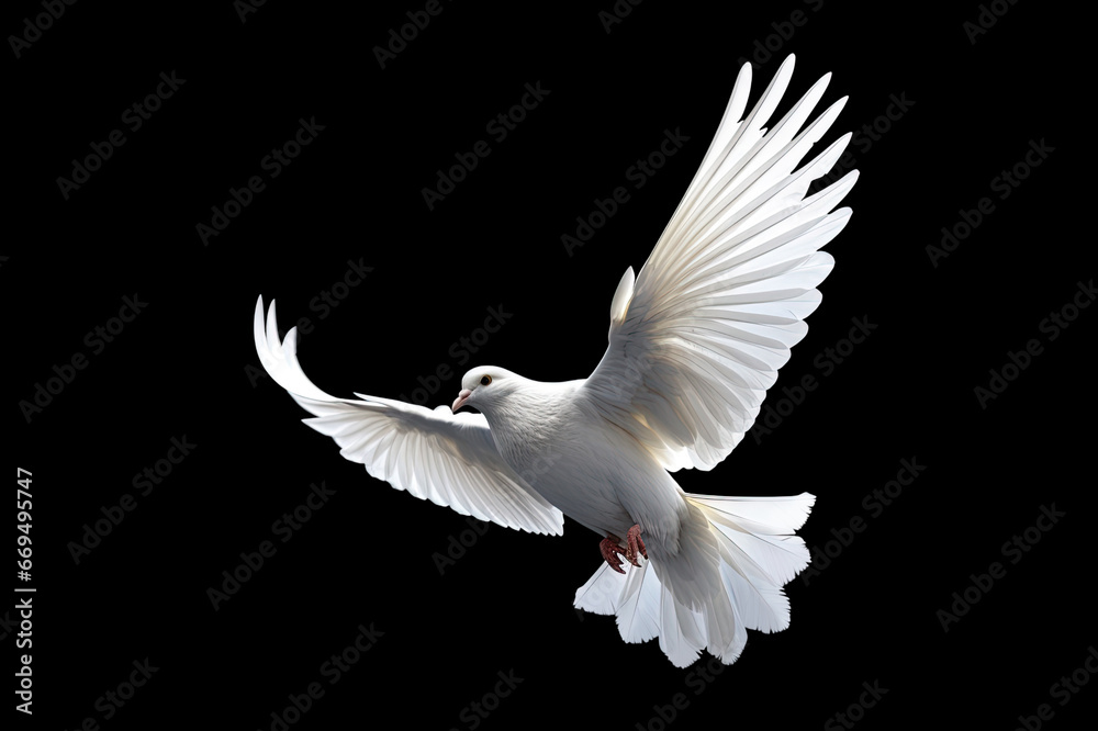 Fototapeta premium White dove flying on black background free Clipping path .international day of peace 