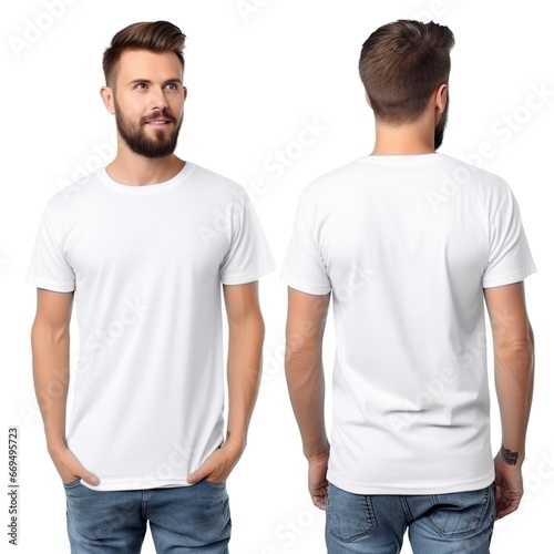 T-shirt mockup. White blank t-shirt front and back views. male clothes wearing clear attractive apparel tshirt models template - Generative AI