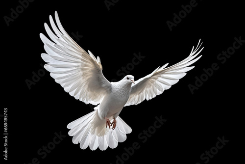 White dove flying on black background free Clipping path .international day of peace Generative ai © sakepaint
