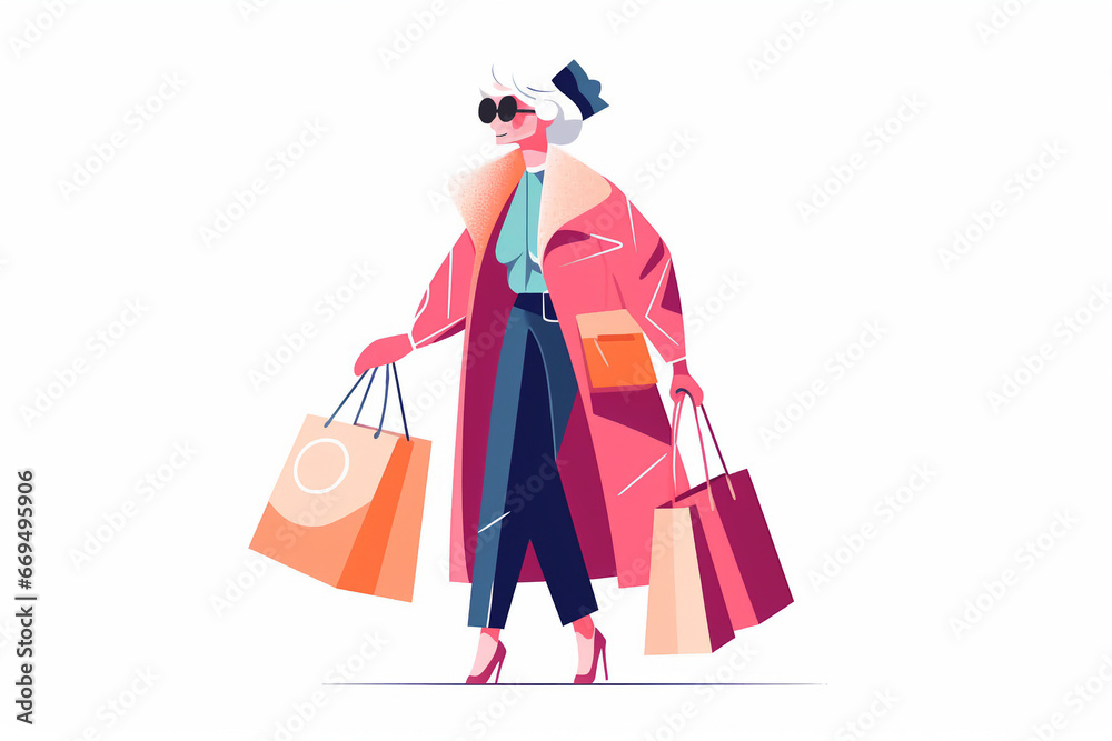 Active lifestyle retiree. Granny old woman going shopping . Older shopper isolated person white background. Elderly lady holding bags.