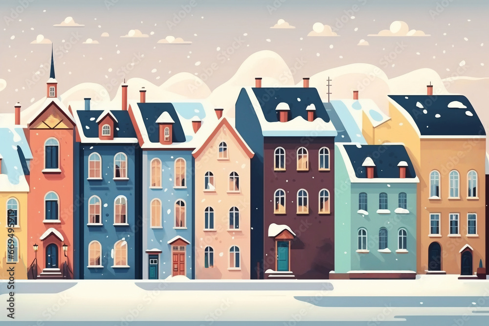 Winter city in retro style. Christmas background with houses. Cozy town in a flat style. Traditional old European houses. 
