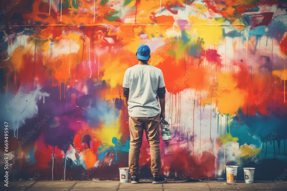 Naklejka premium Street Artist Painting Colorful Graffiti on Public Wall, Modern Street Art Murales, Generative AI Illustration