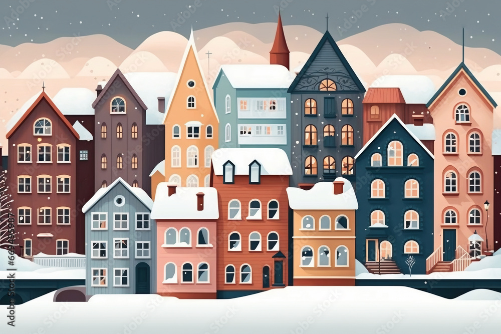 Christmas background with houses. Cozy town in a flat style. Happy New Year and Merry Christmas. Horizontal banner in Scandinavian style.