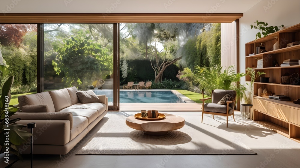Wide modern open Livingroom interior with furniture's against backyard pool with plants, sunny day.