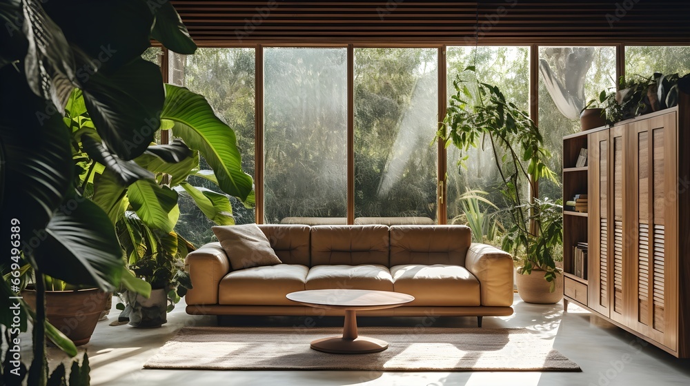 Modern interior living room design, sofa and coffee table with plants against glass wall with garden backyard.