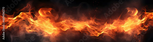 Fire flames on a black background. Long banner of fire flames.