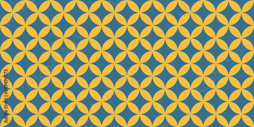 Simple geometric seamless pattern with yellow petals and blue rhombus, vector