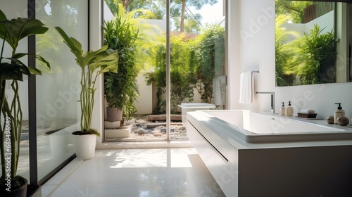 White Clean sink with shower on the left side, plants and trees in the backyard.