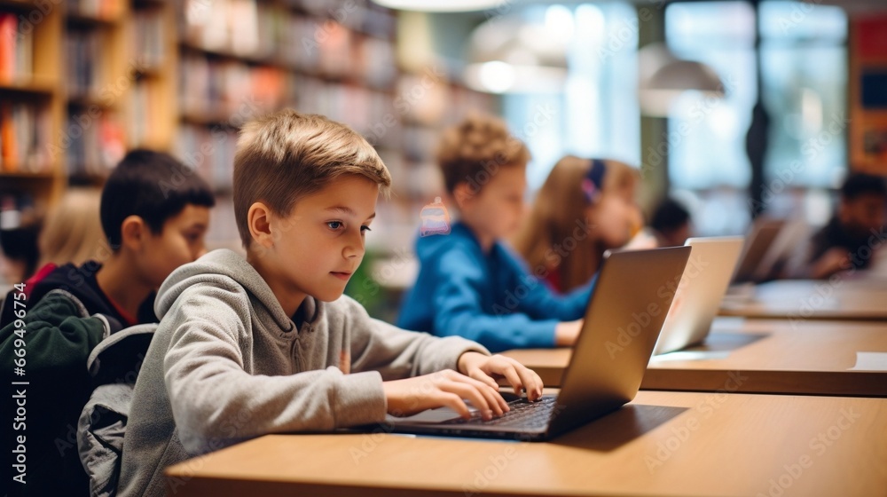 Kids study with laptops in school or library on wooden table, generative AI. Kids study with laptops in school or library on wooden table, generative AI.