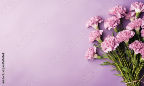 Purple carnations elegantly arranged against a rich purple backdrop. © smth.design