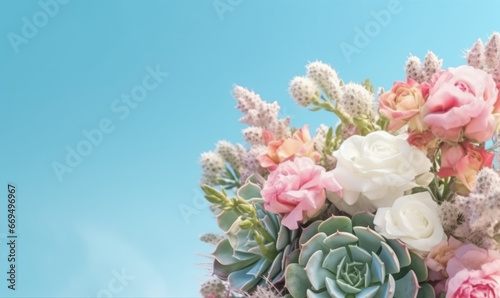 Vibrant bouquet of various flowers and succulents against a serene blue backdrop.