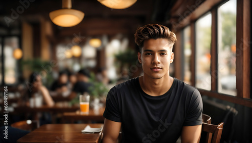 A young man in a black T-shirt sits in a cafe by the window. In the background is the blurred interior of the establishment with other customers. In front is a glass with a drink.