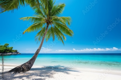 Beautiful beach with white sand, palm tree, sea, and blue sky, perfect for summer vacation and nature wallpaper. Generative AI
