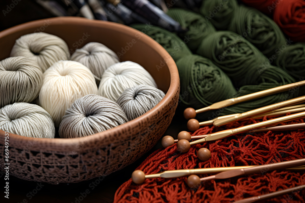 Wool balls in a bowl and knitting needles on a wooden table