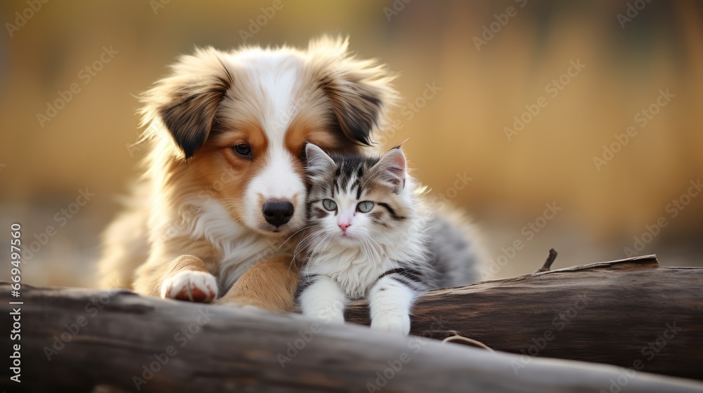 Sserene embrace between dog and kitten in golden light Sserene embrace between dog and kitten in golden light