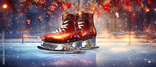 Close up of figure skates. Winter sport leisure. Ornamental ice skates icons. Decorative winter illustration. Generative ai