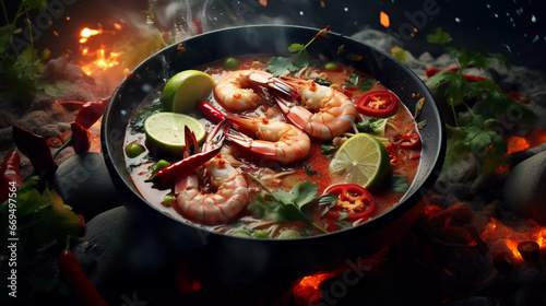 Tom Yam kung Spicy Thai soup with shrimp, seafood, coconut milk and chili pepper in a bowl,