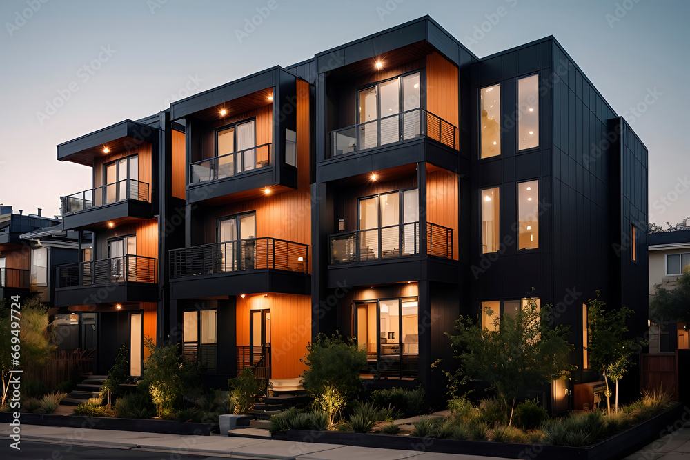Modern apartment buildings with a combined wood and metal facade against a sunset backdrop