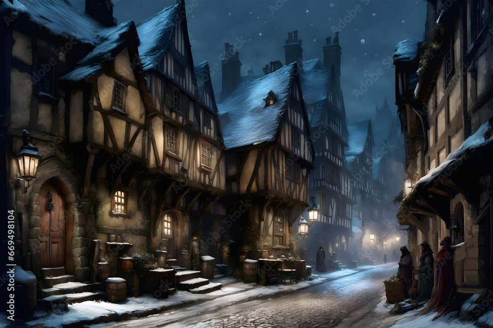 street view of a fantasy medieval town in winter at night with ancient timber framed buildings covered in snow and a people in the street