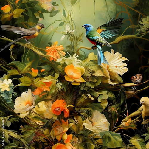 Illustration with jungle plants and flowers and colorful birds © VICUSCHKA
