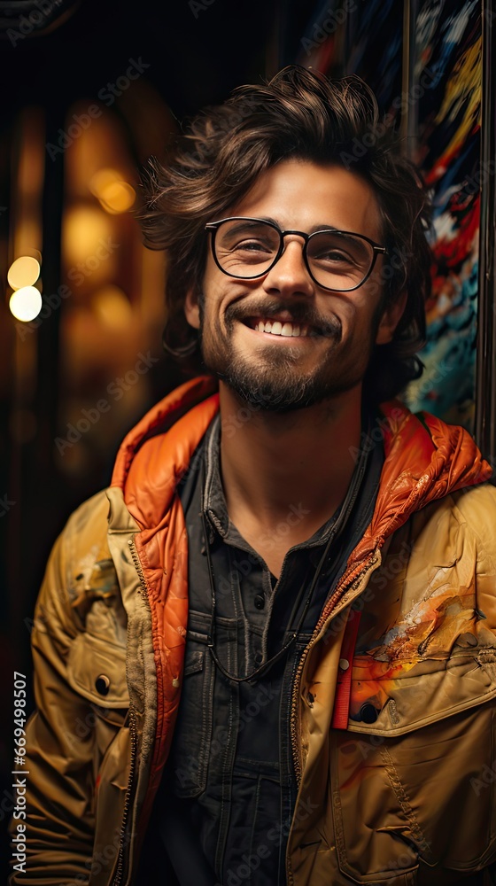 Portrait of Smiling Young Man with Facial Hair Wearing Eyeglasses and Leaning Against Brick Wall Painted with Graffiti. Model portrait illustration. Generative AI Portrait of Smiling Young Man with Facial Hair Wearing Eyeglasses and Leaning Against Brick Wall Painted with Graffiti. Model portrait illustration. Generative AI