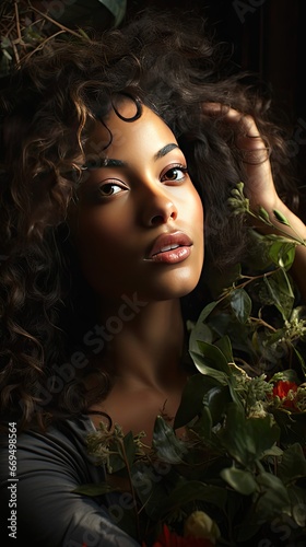 Beauty  portrait and natural face of black woman with healthy freckle skin texture touch. Aesthetic  facial and skincare cosmetic model girl. Model illustration. Generative AI art