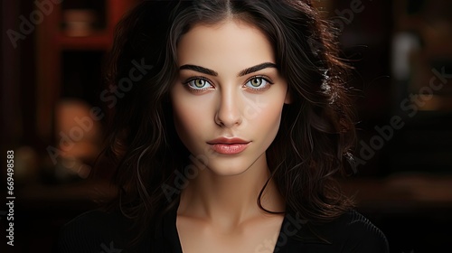 Beauty woman healthy skin concept natural makeup beautiful model girl face hands touching woth manicure nails. Woman portrait illustration. Generative AI