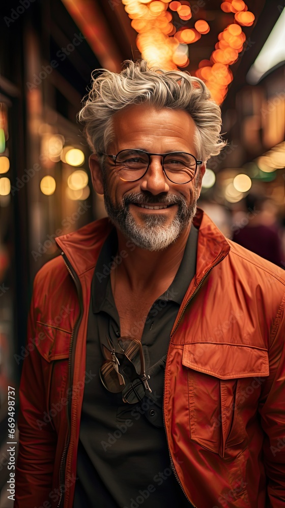 Middle age grey-haired man smiling happy walking at street of city. Smile emotion illustration. Generative AI
