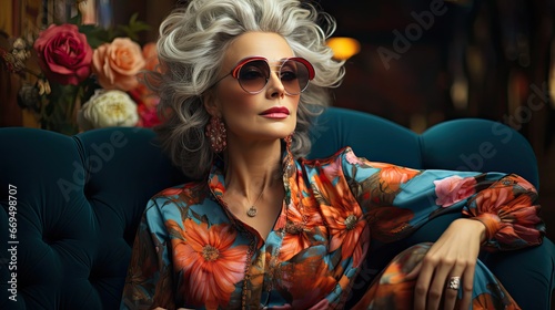 Smiling middle aged mature grey haired woman looking at camera, happy old lady in glasses posing at home indoor, positive single senior retired female sitting on sofa in living room. Generative AI art