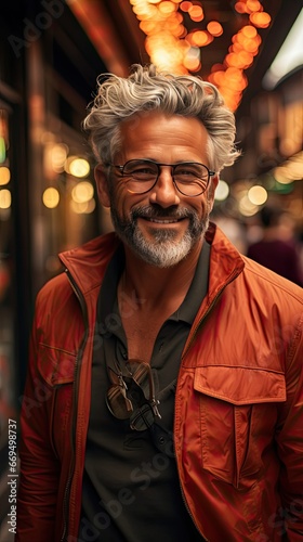 Middle age grey-haired man smiling happy walking at street of city. Smile emotion illustration. Generative AI