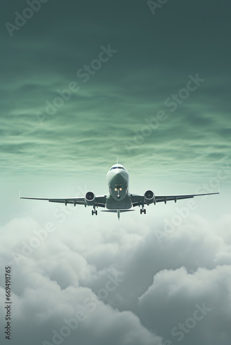 Potrait airplane flying in the cloudy sky