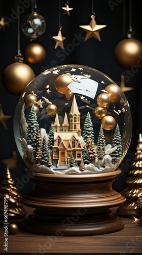 Christmas decorations, a snow globe and presents. Christmas snow globe. Generative AI