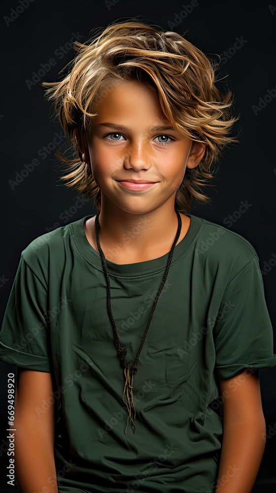 Full body little small smiling happy boy 6-7 years old wearing green t-shirt hod hands crossed folded look camera on background. People portrait illustration. Generative AI