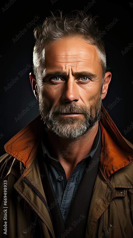 Obraz premium Serious middle-aged man with folded arms and a deadpan expression posing in front of background. Man portrait illustration. Generative AI