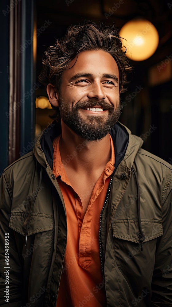 Smiling bearded young male model rejoices coming weekends, dressed casually, over background. Positive pleased student being in good mood. Smile emotion illustration. Generative AI art Smiling bearded young male model rejoices coming weekends, dressed casually, over background. Positive pleased student being in good mood. Smile emotion illustration. Generative AI art