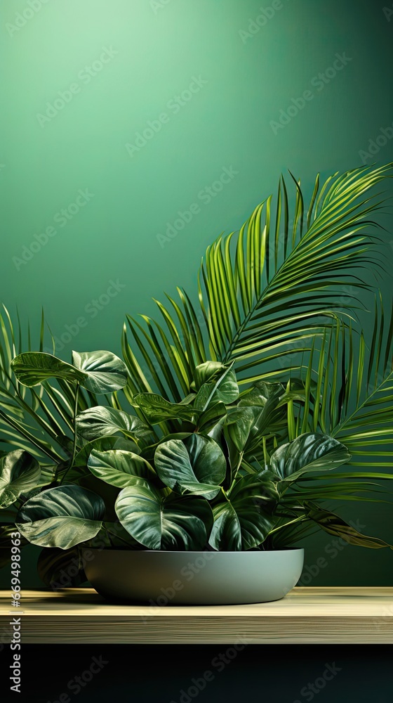 Wood table green wall background with sunlight window create leaf shadow on wall with blur indoor green plant foreground. Panoramic banner mockup for display of product. Generative AI art Wood table green wall background with sunlight window create leaf shadow on wall with blur indoor green plant foreground. Panoramic banner mockup for display of product. Generative AI art