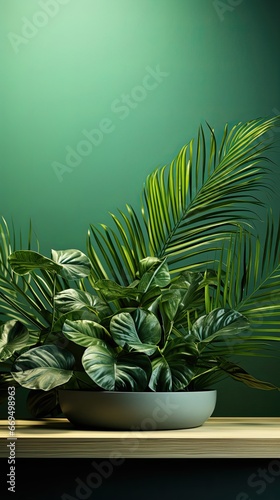 Wood table green wall background with sunlight window create leaf shadow on wall with blur indoor green plant foreground. Panoramic banner mockup for display of product. Generative AI art