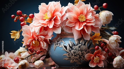 Vase with beautiful peony flowers on table. Floral flower illustration. Generative AI