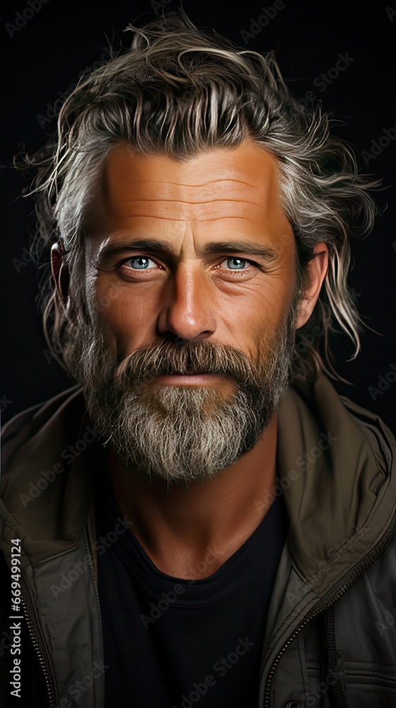 Fototapeta premium Portrait of beautiful mature blonde bearded guy with trendy hairdo in casual grey shirt smiling and looking in camera. Model portrait illustration. Generative AI