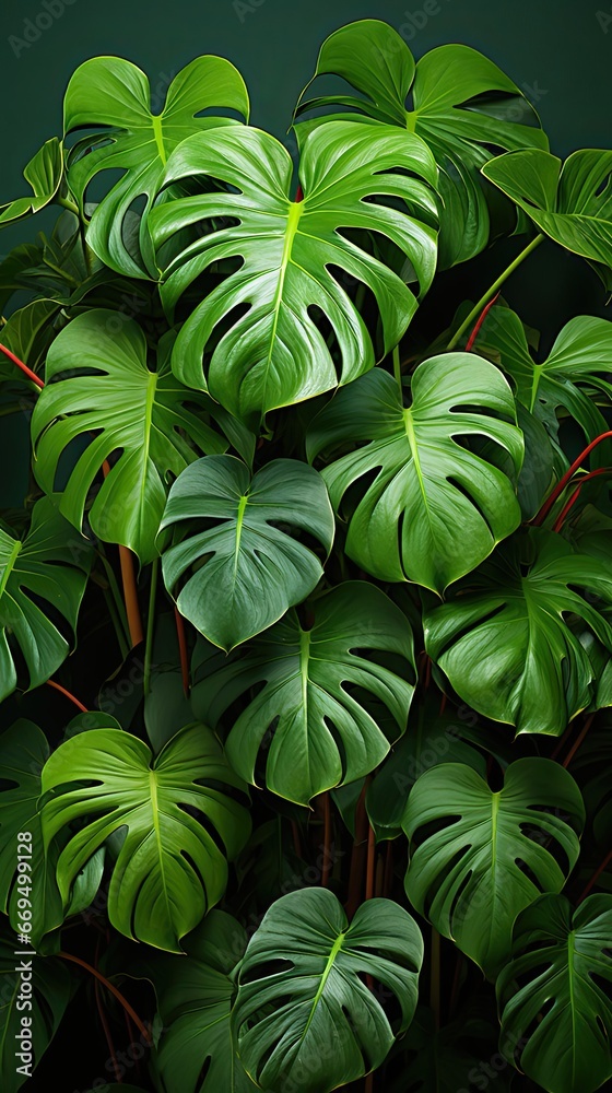 Dark green leaves of monstera or split-leaf philodendron the tropical foliage plant bush popular houseplant on background. Agriculture plants illustration. Generative AI